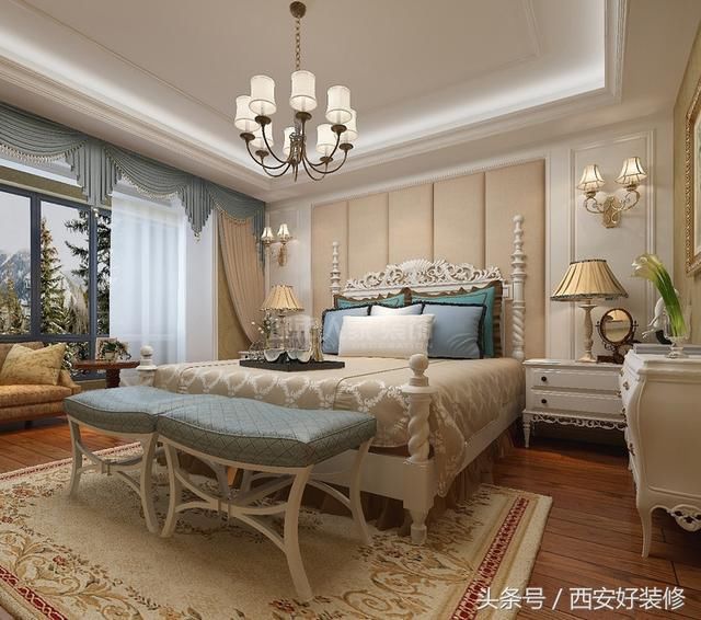卧室整体色调温和,矩形石膏墙与米色软包背景墙带来几何之美,床与新