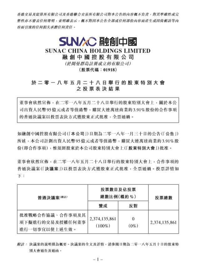 中国:95亿元购买万达商业3.91%股份,获股东全