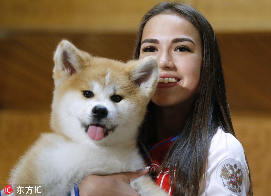 俄罗斯花滑名将扎吉托娃获赠秋田犬 安倍晋三出席赠送仪式