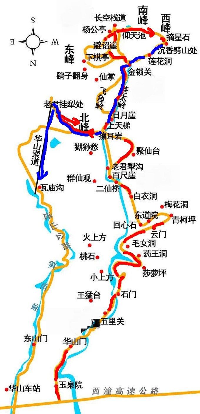 华山路线图:早上从自古华山一条路玉泉院登山,依次北峰,中峰,东峰,南