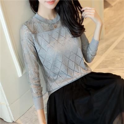 2017秋季新款女装,长袖网纱蕾丝针织衫,宽松显