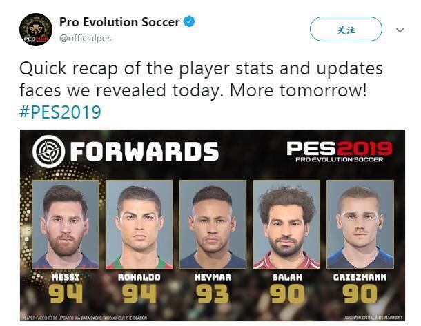 实况2019公布球员能力值:梅罗94并列第一