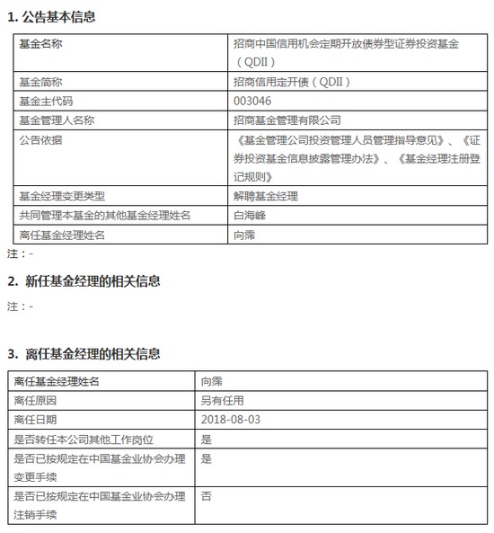 招商沪港深科技基金经理向霈离任 公告称另有