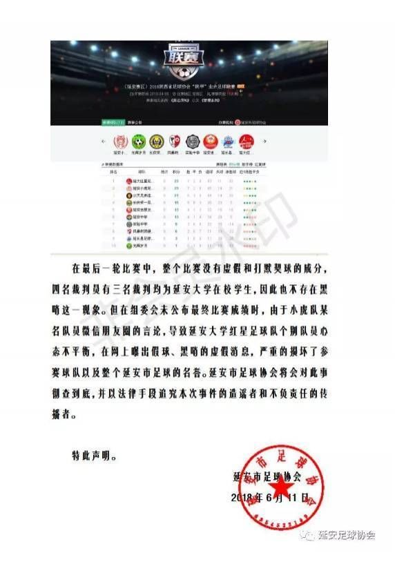 延安足协回应默契球:比赛无虚假,将追究造谣者责任