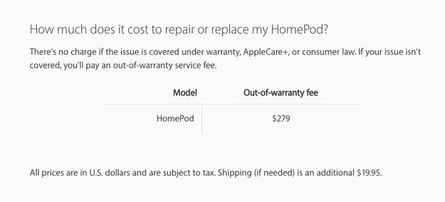 HomePod 修理费曝光：279 美元，超售价80%