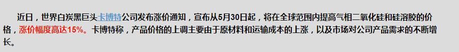 世界级巨头卡博特宣布气相二氧化硅、硅溶胶涨价 高达15%！