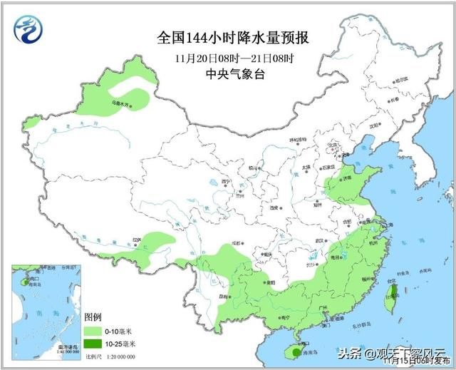 11月15~21日,未来7天降水预报图,全国大范围雨