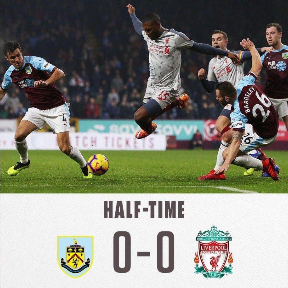 英超-铁卫伤退萨拉赫替补 利物浦半场0-0伯恩利