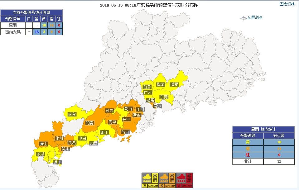 广东43个地区暴雨预警正在生效中！全省有大雨到暴雨局部大暴雨