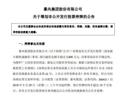 暴风集团拟融资不超过5000万元 今天起停牌