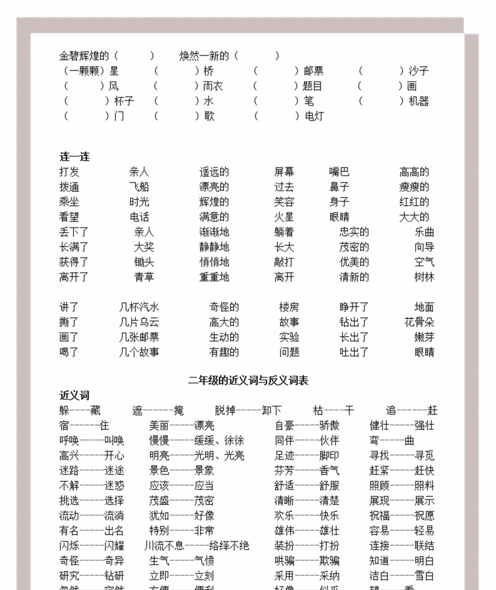 二年级语文复习--量词、近义词反义词、多音字