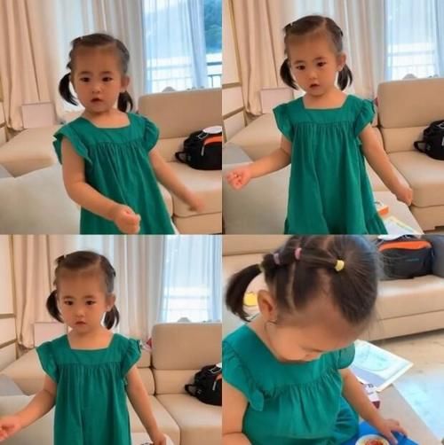 咸素媛婆婆晒孙女穿韩服照片，粉红裙子绿色上衣十分可爱，和爸爸一模一样