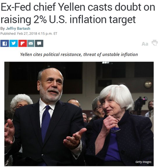 外媒头条:前美联储主席耶伦质疑上调通胀目标举措