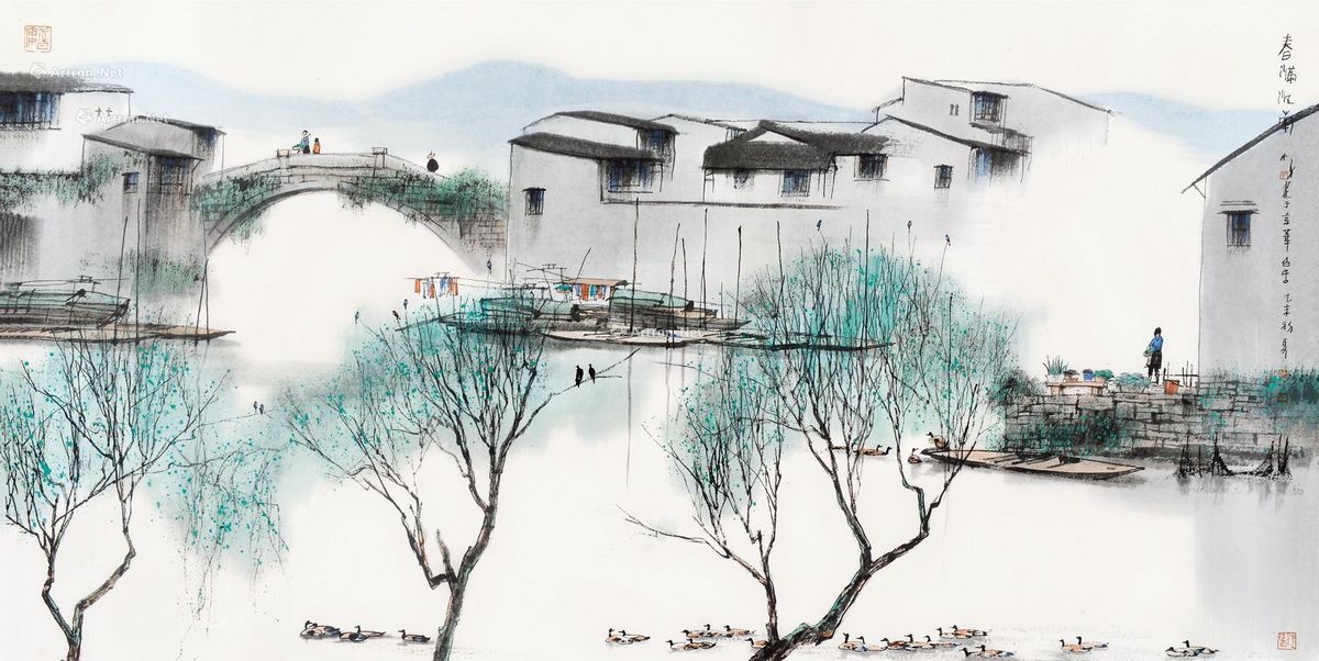 中国风水墨画:春水碧于天,画船听雨眠