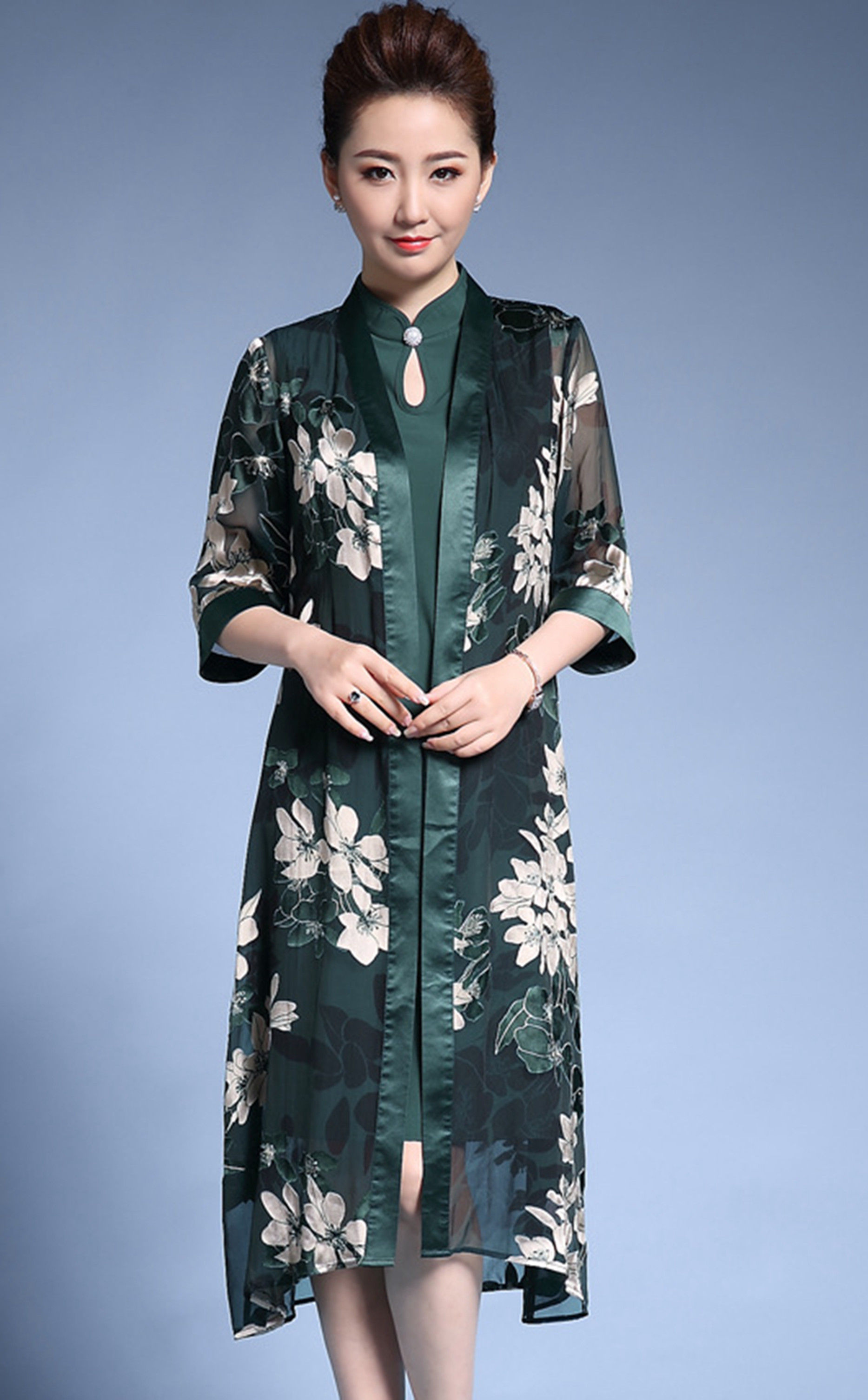 夏新款真丝旗袍连衣裙,中长款外套风衣套装,丝