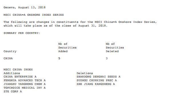 MSCI中国A股在岸指数成分股调整 3股被剔出下