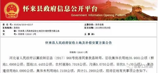 张家口怀来县征收土地及补偿安置方案发布，涉及5个地块！