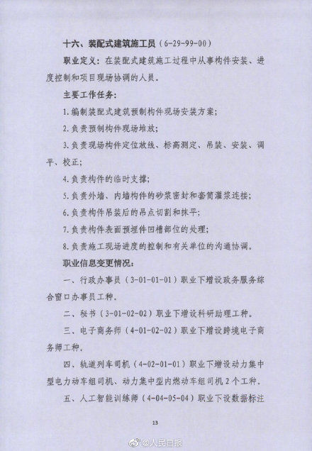 人社部拟发布16个新职业