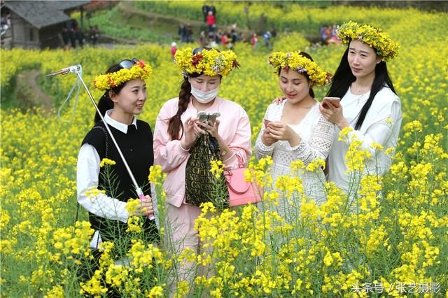 春天的婺源 油菜花盛开，姑娘头戴十元花环满山遍野拍照