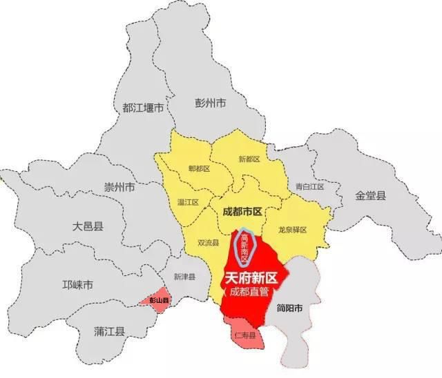 灰色区域为成都不限购的地区;浅红色区域为眉山市仁寿县和彭山县,不图片