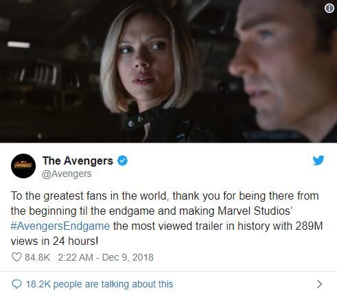 《复仇者联盟4》预告片再创新纪录!下一个记录