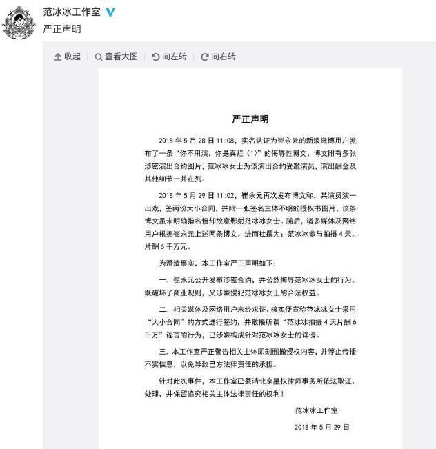 冯小刚刘震云范伟都选择沉默，只有范冰冰发声明追究法律责任