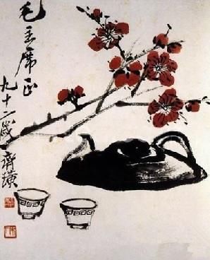 在齐白石93岁那年,画作一副《新喜》,黄橘红色的一串鞭炮,白瓷圆腰长