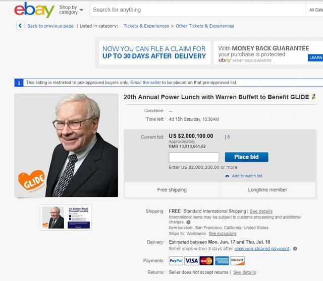 巴菲特慈善午餐在ebay网站的拍卖页面